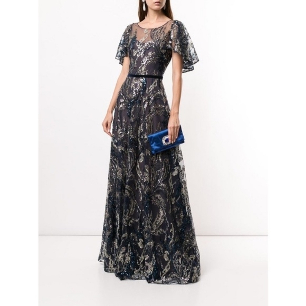 MARCHESA NOTTE - Velvet-trimmed embellished tulle gown
